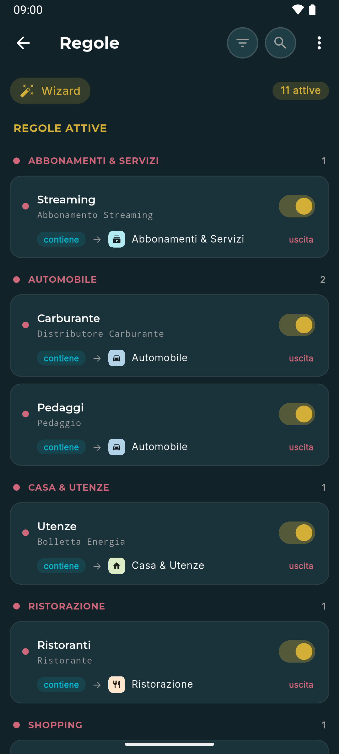 Schermata Regole di Quadra: categorizzazione automatica dei movimenti