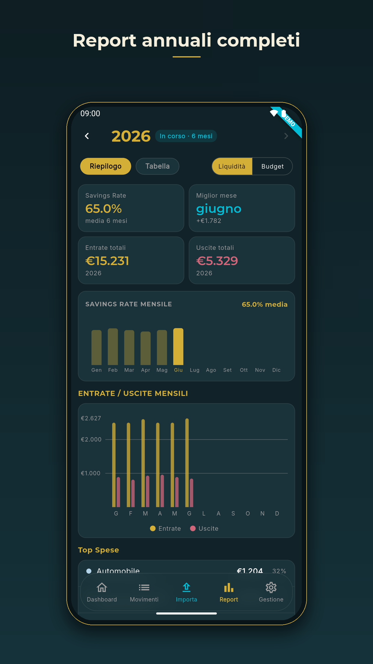 Report annuali completi: savings rate, entrate e uscite mensili
